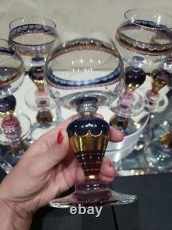 (6) Water goblets wine Glasses, painted pink purple gold Ritterspiele by Nagel