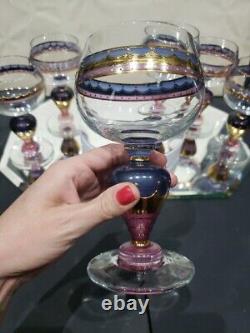 (6) Water goblets wine Glasses, painted pink purple gold Ritterspiele by Nagel