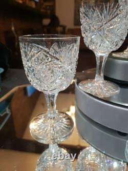 6 Wine Glasses 4-5/8 American Brilliant Period Cut Glass Crystal Hoare Monarch