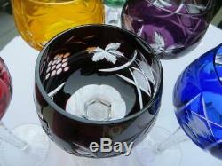 6 Wine Water Goblets Crystal Cut To Clear Multi Color 7-1/2 Lausitzer