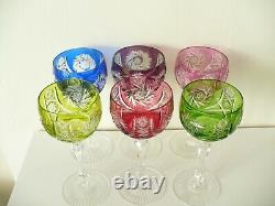 6 X Bohemian Crystal Overlay Hock Wine Glasses