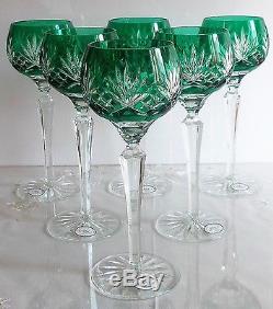 6 pc AJKA CRYSTAL CAROLYNE EMERALD GREEN CUT TO CLEAR WINE HOCK, MARKED & BOXED