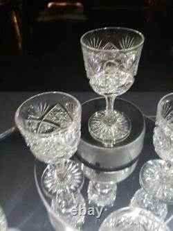 6 wine glasses, American Brilliant Period Cut Glass Crystal Checkerboard Fan geo