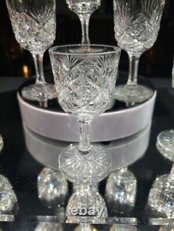 6 wine glasses, American Brilliant Period Cut Glass Crystal Checkerboard Fan geo