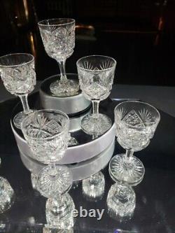 6 wine glasses, American Brilliant Period Cut Glass Crystal Checkerboard Fan geo