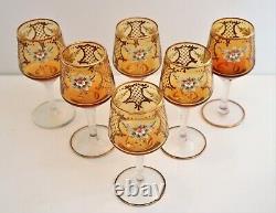 6 x 1960s Venetian Murano 24 Carat gold Hand Painted Amber Crystal Wine Glasses