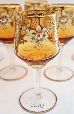 6 x 1960s Venetian Murano 24 Carat gold Hand Painted Amber Crystal Wine Glasses