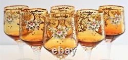 6 x 1960s Venetian Murano 24 Carat gold Hand Painted Amber Crystal Wine Glasses