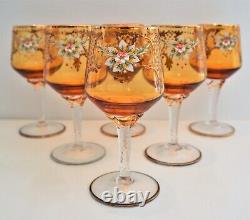 6 x 1960s Venetian Murano 24 Carat gold Hand Painted Amber Crystal Wine Glasses