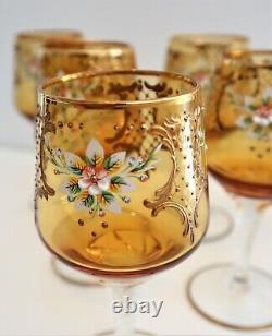 6 x 1960s Venetian Murano 24 Carat gold Hand Painted Amber Crystal Wine Glasses