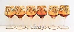 6 x 1960s Venetian Murano 24 Carat gold Hand Painted Amber Crystal Wine Glasses