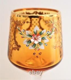 6 x 1960s Venetian Murano 24 Carat gold Hand Painted Amber Crystal Wine Glasses