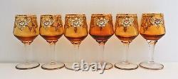 6 x 1960s Venetian Murano 24 Carat gold Hand Painted Amber Crystal Wine Glasses