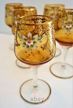 6 x 1960s Venetian Murano 24 Carat gold Hand Painted Amber Crystal Wine Glasses