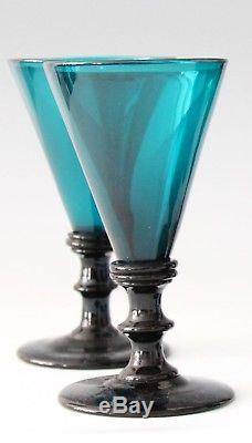 6x antique 18th C. White Wine Glass, blue green / petrol crystal, made ca. 1780