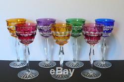 7 French St. Louis Baccarat Multicolored Cut To Clear Crystal Wine Glasses