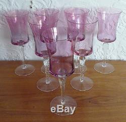 7 Iridescent Rose Pink Cranberry Crystal Twisted Icicle Stem Water Wine Glasses