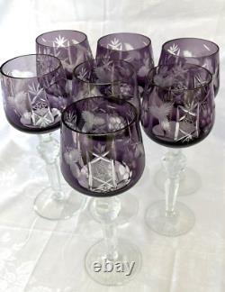7 x Purple Czech Bohemian Cut To Clear Crystal Wine Glasses Goblets 8-3/8 READ