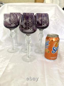 7 x Purple Czech Bohemian Cut To Clear Crystal Wine Glasses Goblets 8-3/8 READ