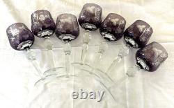7 x Purple Czech Bohemian Cut To Clear Crystal Wine Glasses Goblets 8-3/8 READ
