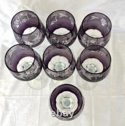7 x Purple Czech Bohemian Cut To Clear Crystal Wine Glasses Goblets 8-3/8 READ