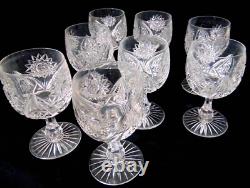 8 ABP American Brilliant Period Cut Glass Water Wine Goblets Hobstars Stems
