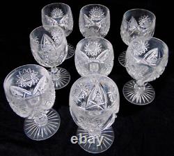 8 ABP American Brilliant Period Cut Glass Water Wine Goblets Hobstars Stems