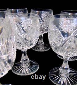 8 ABP American Brilliant Period Cut Glass Water Wine Goblets Hobstars Stems