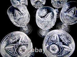 8 ABP American Brilliant Period Cut Glass Water Wine Goblets Hobstars Stems