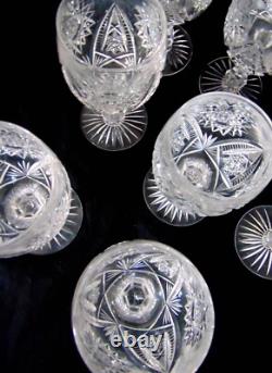 8 ABP American Brilliant Period Cut Glass Water Wine Goblets Hobstars Stems