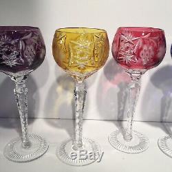 8 AJKA MARSALA Multi Color BOHEMIAN GLASS CUT TO CLEAR 8 1/4 Wine Hock Glasses