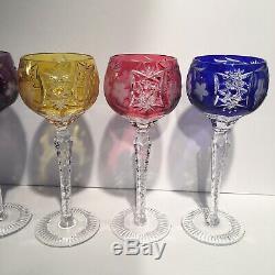 8 AJKA MARSALA Multi Color BOHEMIAN GLASS CUT TO CLEAR 8 1/4 Wine Hock Glasses
