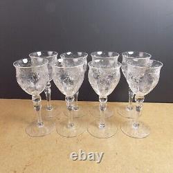 8 Antique Crystal Wine Glasses Rock Cut Intaglio Floral Glass