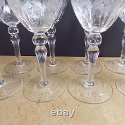 8 Antique Crystal Wine Glasses Rock Cut Intaglio Floral Glass