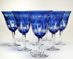8 Beautiful Blue Hand Cut To Clear Antique Crystal Glass Stems Wine Glasses