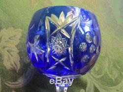 8 Bohemian Poland COBALT BLUE Crystal Cut to Clear Wine Glass Goblet Hock Stem
