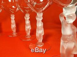 8 French Crystal Bacchus Nude Male Frosted Stem Wine Glasses 7 1/2 BAYEL