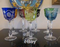 8 Multi Color Cut To Clear Crystal Wine Glasses 6 7/8 High