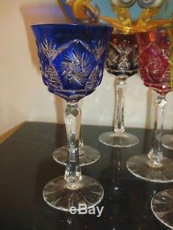 8 Multi Color Cut To Clear Crystal Wine Glasses 6 7/8 High