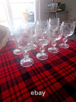 8 Set Bohemia Crystal Etched Wine Glasses Cascade Faceted Claudia Ball Stem