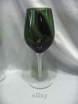 8 Vintage Tall Green Hand Blown Crystal Water Wine Goblets Clear Spiral Stems