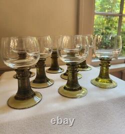 8 Vtg Roemer Crystal Wine Glasses 6 Flower Prunts Ribbed Beehive Stem Green