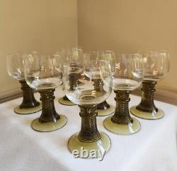 8 Vtg Roemer Crystal Wine Glasses 6 Flower Prunts Ribbed Beehive Stem Green