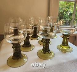 8 Vtg Roemer Crystal Wine Glasses 6 Flower Prunts Ribbed Beehive Stem Green