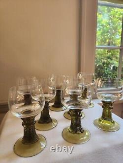 8 Vtg Roemer Crystal Wine Glasses 6 Flower Prunts Ribbed Beehive Stem Green