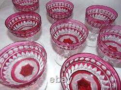 9 Antique Bohemian Cranberry Cut to Clear Crystal Stemware Glasses