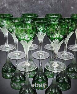 9 Antique Bohemian Cut Green To Clear Glass Glasses Wine 5 1/2 Tall Stems
