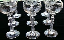 9 Antique Saint Louis Micado Etched Crystal Wine Glasses c1930 Beautiful Set
