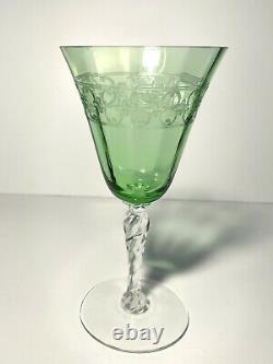 9 Fostoria Glass Spartan Wine Goblets Green & Clear, Crystal Needle Etch 7 1/4