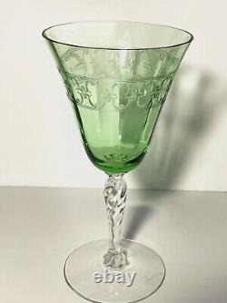 9 Fostoria Glass Spartan Wine Goblets Green & Clear, Crystal Needle Etch 7 1/4